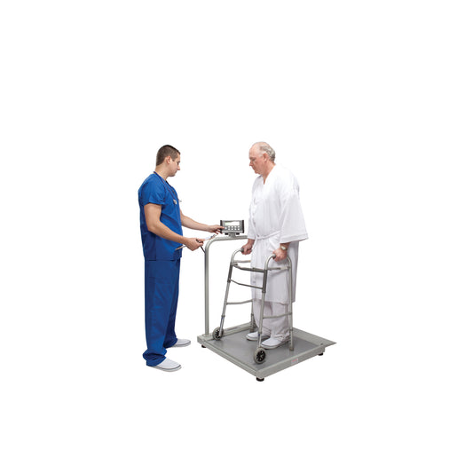 Digital Wheelchair Ramp Scale, Capacity: 1000 lbs/454 kg, Resolution: 0.2 lb/0.1kg, Platform Dimension: 29¼"W x 28¼"D, Ramp Size: 28¼"W x 9 7/8"D , Wheels, 120V Adapter or AA Batteries (secondary ramp optional - B2500RAMP) (2) (included) (6) (not included