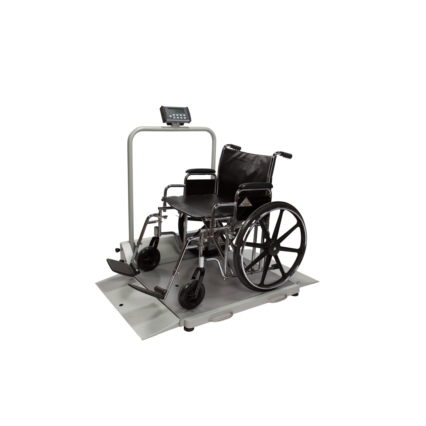 Digital Wheelchair Dual Ramp Scale with Folding Ramps, Capacity: 1000 lbs/454 kg, Resolution: 0.2 lb/0.1kg, Platform Dimension: 32¼"W x 36"D, Ramp Size: 32¼"W x 9 7/8"D, Wheels, 120V Adapter or AA Batteries , 180° Swivel D (4) (included) (6) (not included