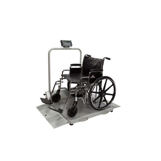 Digital Wheelchair Dual Ramp Scale with Folding Ramps, Capacity: 1000 lbs/454 kg, Resolution: 0.2 lb/0.1kg, Platform Dimension: 32¼"W x 36"D, Ramp Size: 32¼"W x 9 7/8"D, Wheels, 120V Adapter or AA Batteries , 180° Swivel D (4) (included) (6) (not included