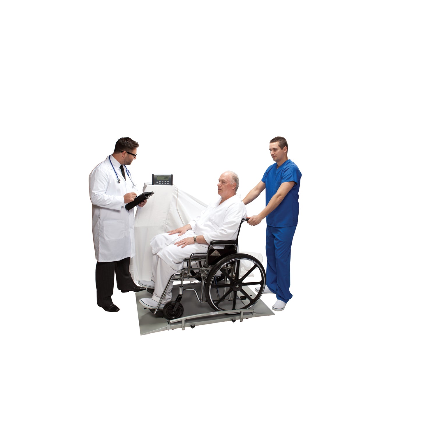 Digital Wheelchair Dual Ramp Scale, Capacity: 1000 lbs/454 kg, Platform Dimension 31½" x 31½", Ramp Size 10"W x 31¼"D, Wheels, 120V Adapter or AA Batteries , ¾" LCD Remote Display (2) (included) (6) (not included) (090126)