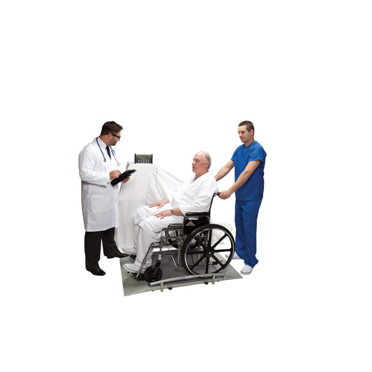 Digital Wheelchair Dual Ramp Scale, Capacity: 1000 lbs/454 kg, Platform Dimension 31½" x 31½", Ramp Size 10"W x 31¼"D, Wheels, 120V Adapter or AA Batteries , ¾" LCD Remote Display (2) (included) (6) (not included) (090126)