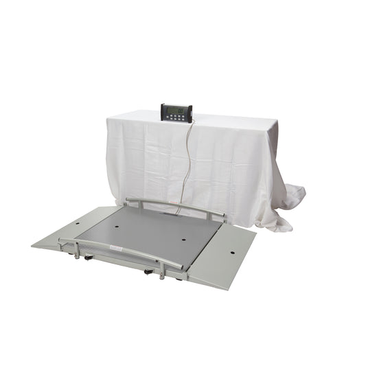 Digital Wheelchair Dual Ramp Scale, X-Large Platform, Capacity: 1000 lb/454 kg, Platform Dimension: 43"W x 42"D x 2½"H , Ramp Size: 12¾"W x 42"D, EMR Connectivity Via USB, Wheels, 120V Adapter or AA Batteries , ¾" LCD Remo (2) (included) (6) (not included
