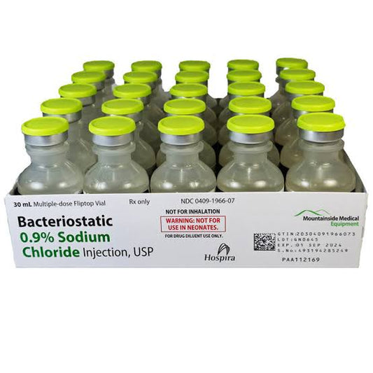 Bacteriostatic 0.9% Sodium Chloride Injection, USP, 30 ml Vial, Multiple Dose, Plastic Fliptop Vial, 25/bx (Rx) (Item is Non-Returnable) (We must have your Wholesale Drug License on File before shipping this product)