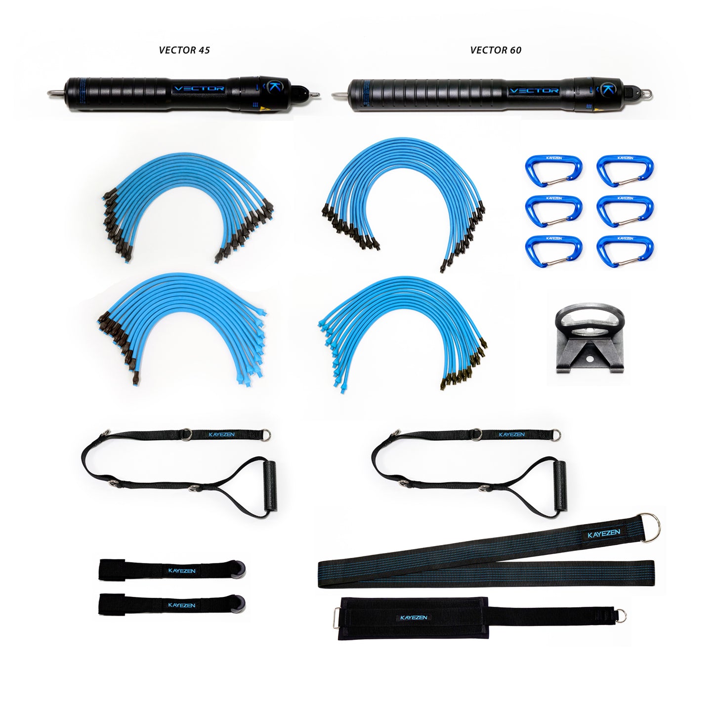 VECTOR Resistance System Clinic Kit: VECTOR 45 Unit, w/ 10 Lt + 10 Hvy Tubes, VECTOR 60 Unit w/Tubes, 2 Door Anchors, 2 Long Handles, 1 Torso Strap, 1 Thigh Strap, 6 Carabiners, 1 Wall Anchor, Free APP (Cannot be sold through any site ie Ama (Wider Range)