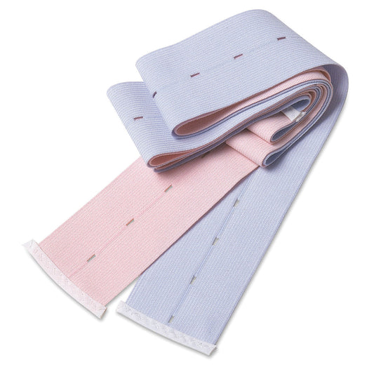 Buttonhole Abdominal Belt, Knit Elastic, 2 3/8" x 48", Holes Every 1¼", Finished Ends, 1 Pink Striped & 1 Blue Striped Belt Per Set, Latex Free , 50 sets/cs (LF) (Manufacturer Backorder - Inventory Limited when Available)
