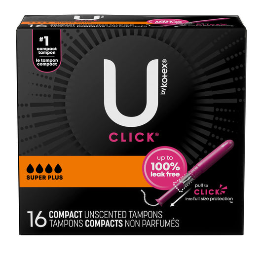 U by Kotex® Tampon, Super Premium, Super Plus Absorbency, Click Compact, 16/pk, 8 pk/cs