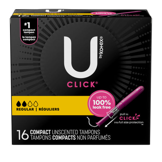 U by Kotex® Tampon, Super Premium, Regular Absorbency, Click Compact, 16/pk, 8 pk/cs