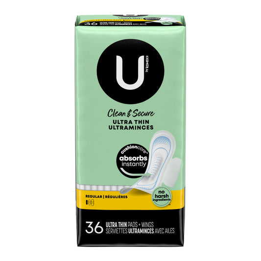 U by Kotex® Premium Pads, Regular, Ultra Thin, w/ Wings, 36/pk, 6 pk/cs