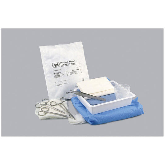 Gauze, 2"x2" Gauze, Needle Holder, Webster 5", Forceps, Adson 1x2 Teeth 4¾", Hemostat, Mosquito, Curved 5", Scissors , Med Cup 60cc, 20tr/cs (5) (1) (1) (1) (1) (Iris) (2)
