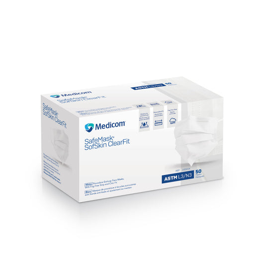 Earloop Mask, Sofskin ClearFit, Fog-Free Strip + Adjustable Chin & Nose Piece, ASTM Level 3, White, 50/bx, 10 bx/cs (Not Available for sale into Canada)