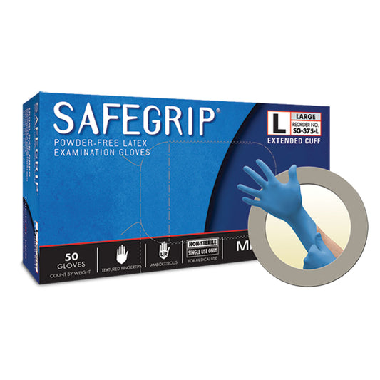 Exam Gloves, PF Latex, Textured, Extended Cuff, Blue, Large, 50/bx; 10 bx/cs