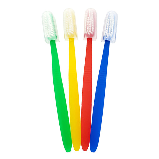 Freshmint® Toothbrush with Cap, 7" x 5", Assorted Colors: Blue, Yellow, Red and Green, Plastic Handle, Nylon Bristles, Individually Wrapped, 250/bx, 4 bx/cs