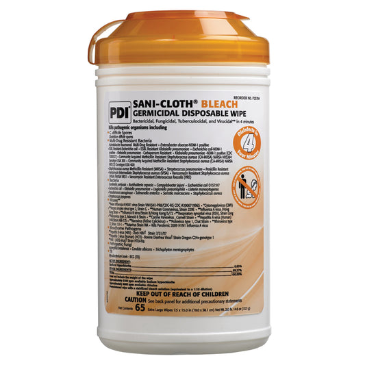Bleach Germicidal Dispsoable Wipe, X-Large, 7½" x 15", 65 wipes/can, 6 can/cs (60 cs/plt) (Minimum Expiry Lead is 90 days)