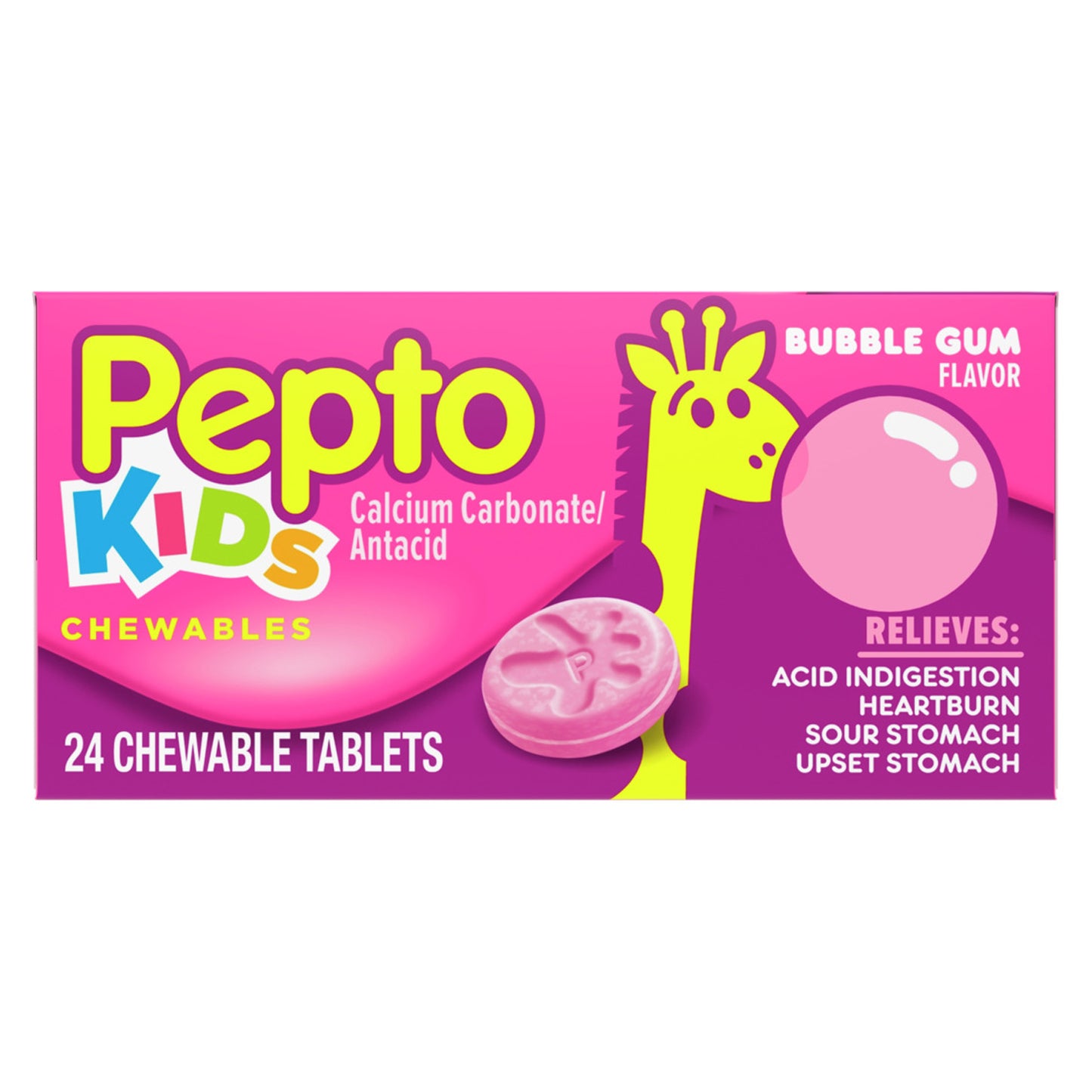 Pepto Kids Chewable Tablet, Bubblegum, Heartburn, Acid Indigestion, Upset Stomach, 24/pk, 24pk/cs