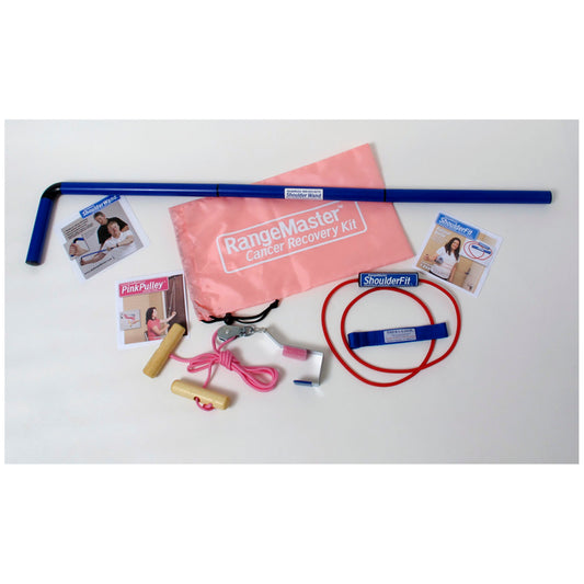 Breast Cancer Recovery Kit includes RangeMaster™ home exercise pulley system with webbing strap; ShoulderFit™ strength tubing with a plastic Thera-Loop Handle™ and theThera-Loop™ webbing door anchor; ShoulderWand™ stretching wand; Exercise Guide; Pink dra