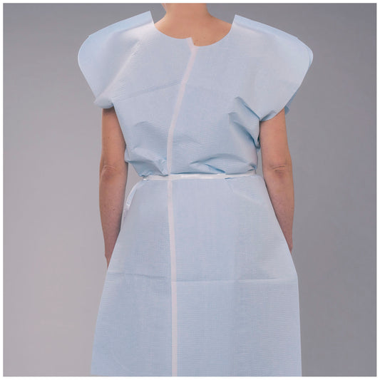 Exam Gown, 30" x 42", Adult, Blue, T/P/T, Front or Back Opening, 50/cs