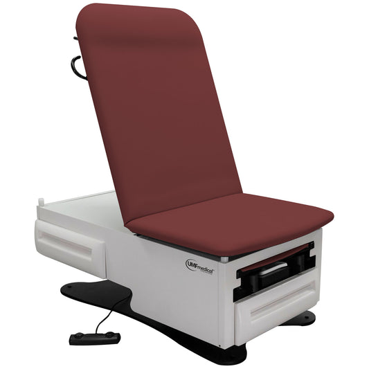 Exam Table, ADA Model 3002 with Pneumatic Backrest, Seamless Upholstered Top, Stirrups, Foot Control, Front Storage Drawer, Rear Reversible Storage Drawer, Available in 16 colors