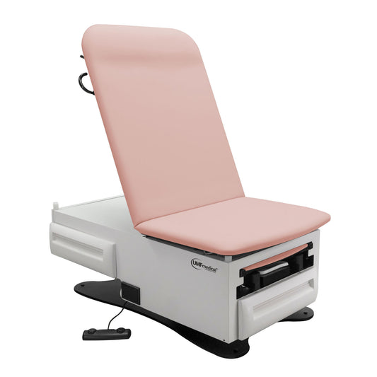 Exam Table, ADA Model 3003 with Pneumatic Backrest, Seamless Upholstered Top, Stirrups, Drain Pan, Electrical Receptacle, Drawer Warmer, Foot Control, Front Storage Drawer, Rear Reversible Storage Drawer, Available in 16 Colors