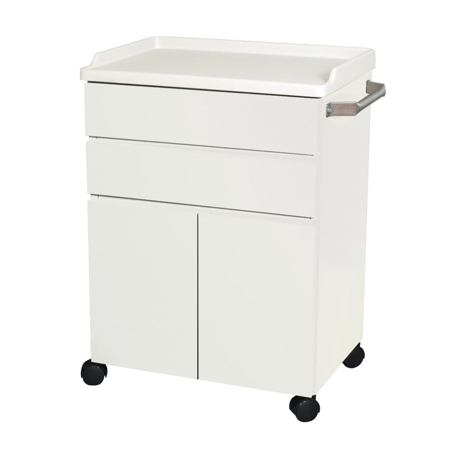 Mobile Treatment Cabinet, 6214 with Two Heavy Duty Steel, Easy to Clean Full-Extension Drawers & Two Doors Stainless Steel Push Handle, Kydex Work Surface with No-Spill Edges, Four 2.38” Twin Wheel Casters, Quiet White (2) (2) (4) (6.05 )