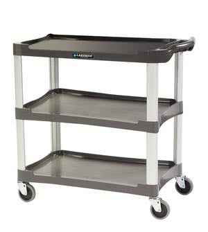18-1/2"W X 36"L X 35"H Charcoal Plastic Utility Cart W/Aluminum Legs; 300 Lb. Load Capacity; Three 16"W X 28-1/2"L Shelves W/11-3/4" Shelf Clearance; 4" All Swivel Casters; Stain & Odor-Resistant Material; Assembles Easily Without Hardware (DROP SHIP ONLY